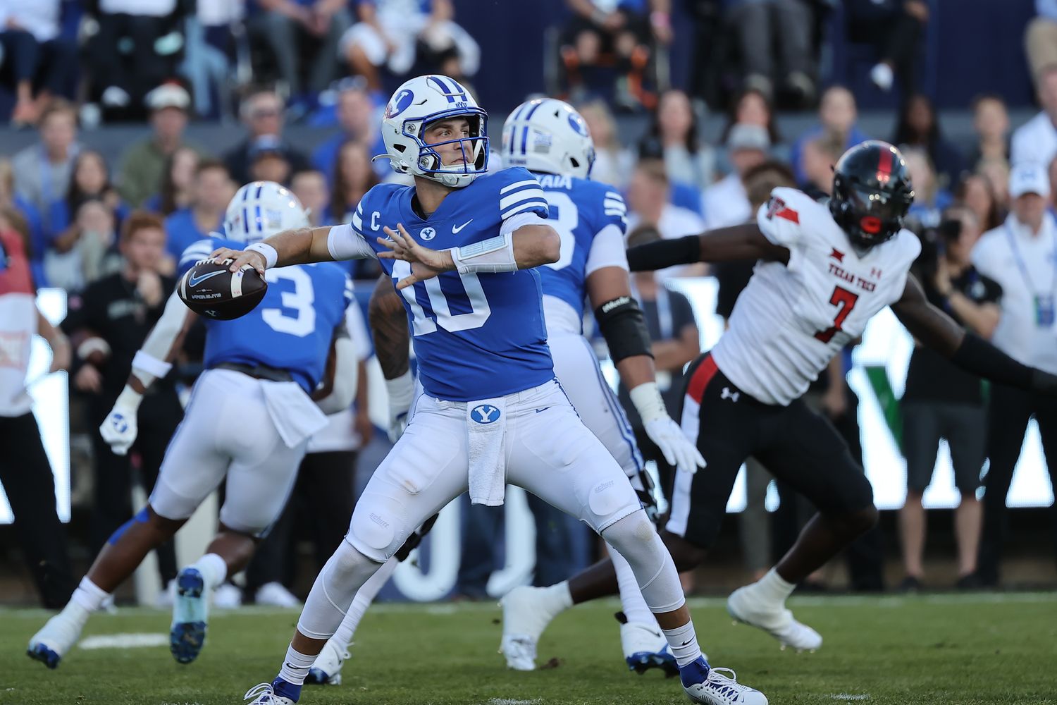 Brigham Young Cougars quarterback Kedon Slovis (10) passes the ball against the Texas Tech Red Raiders in the first quarter at LaVell Edwards Stadium.